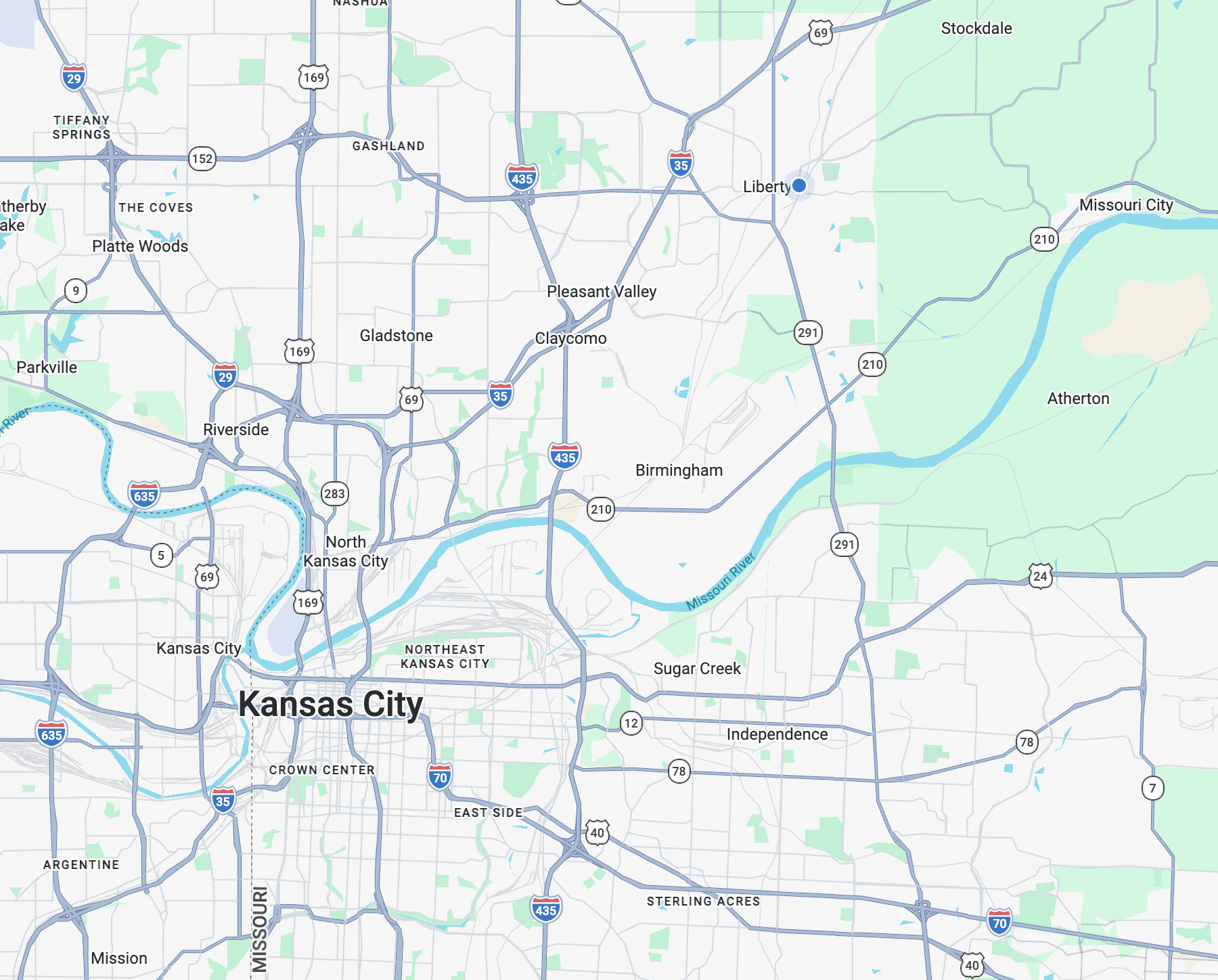 Map of Greater Kansas City service areas around Kansas City, North Kansas City, Liberty, Kearney, and nearby Missouri communities.